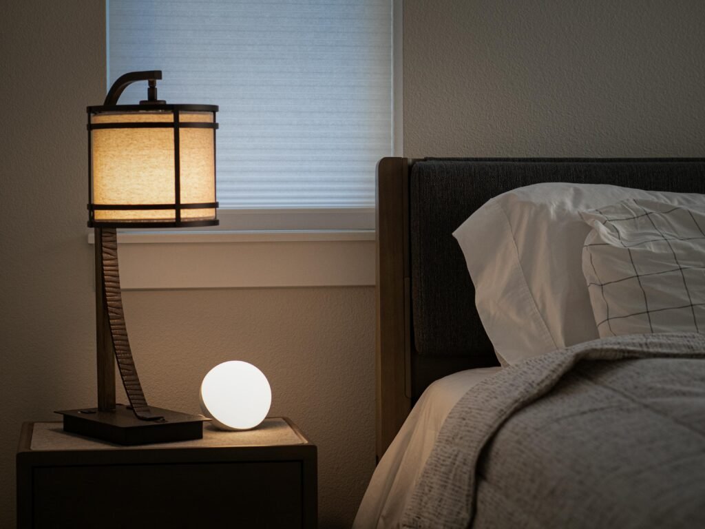 How to Fix Night Shift Sleep Problems: 7 Effective Solutions for Better Rest 3 Serene and inviting bedroom interior featuring a warm-lit lamp and cushioned bed.