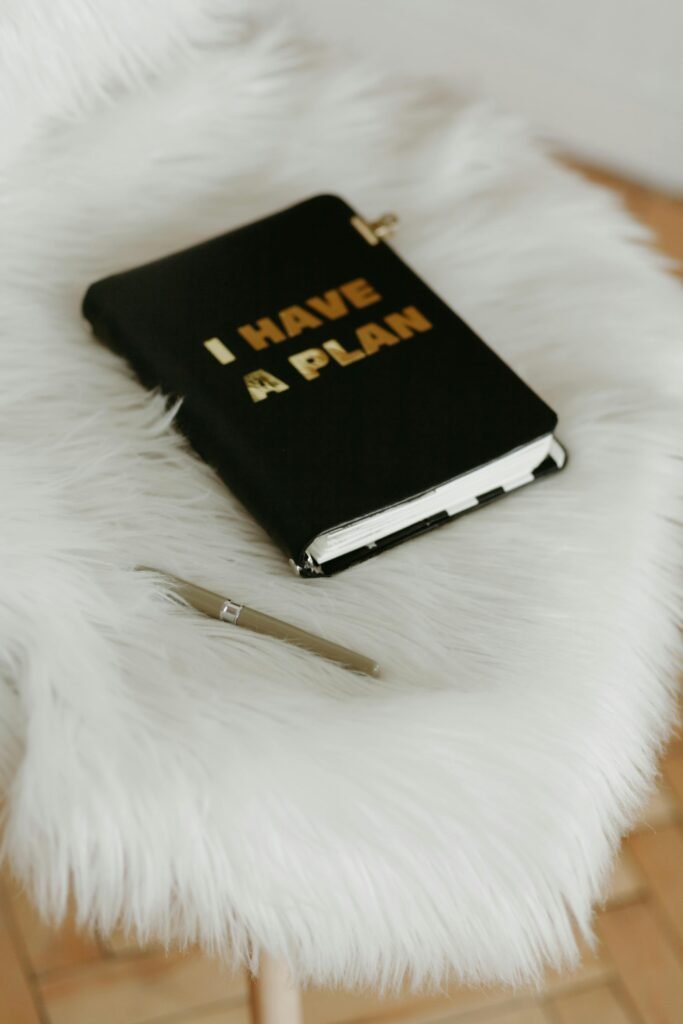 Home 6 Stylish home office setup featuring a notebook with 'I HAVE A PLAN' text and a pen on a fluffy white chair.