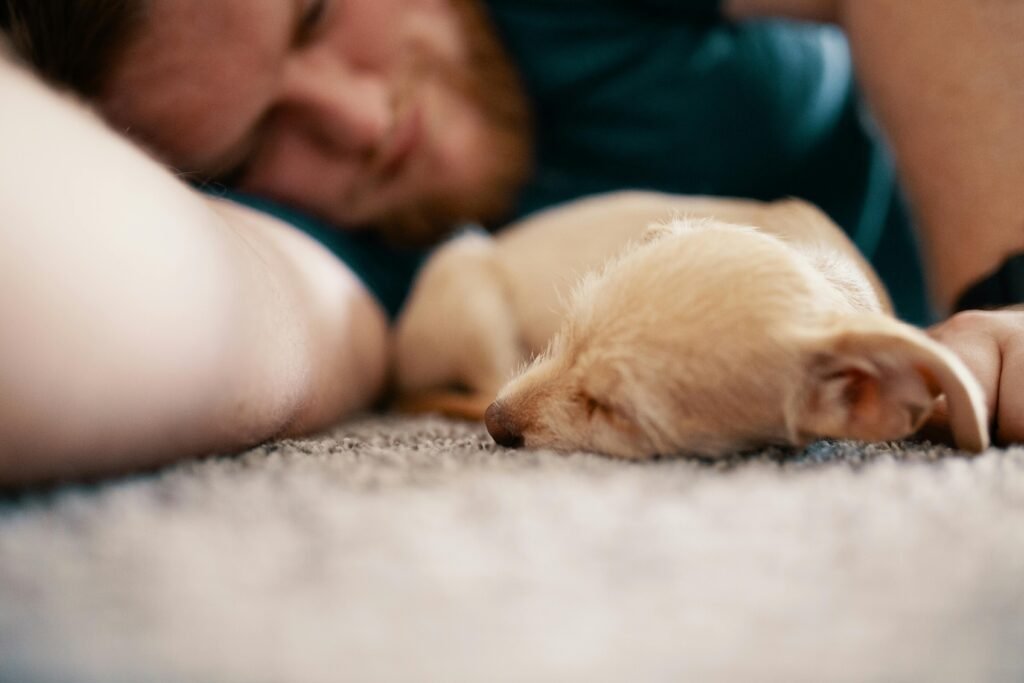 Mastering Sleep in Your Night Shift Lifestyle: A Complete Guide to Overcoming Sleep Disorders 1 A man and a puppy sleeping peacefully together on a soft carpet indoors after night shift.