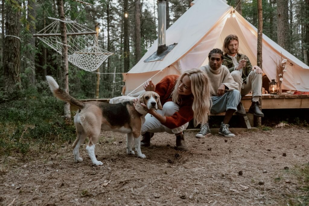 How to Stay Social and Connected in a Night Shift Lifestyle 1 Friends enjoy camping in the woods with a playful dog and a cozy tent setting showcasing a night shift lifestyle