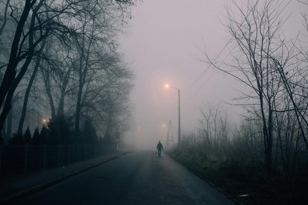 What to Do About Night Shift Depression: Recognition and Self-Care Steps 4 Atmospheric foggy street scene with bare trees, a lone walker, and glowing street lamps.
