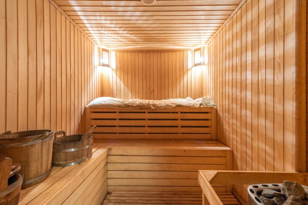 What to Do About Night Shift Depression: Recognition and Self-Care Steps 6 Warm and inviting wooden sauna with ambient lighting, perfect for relaxation.