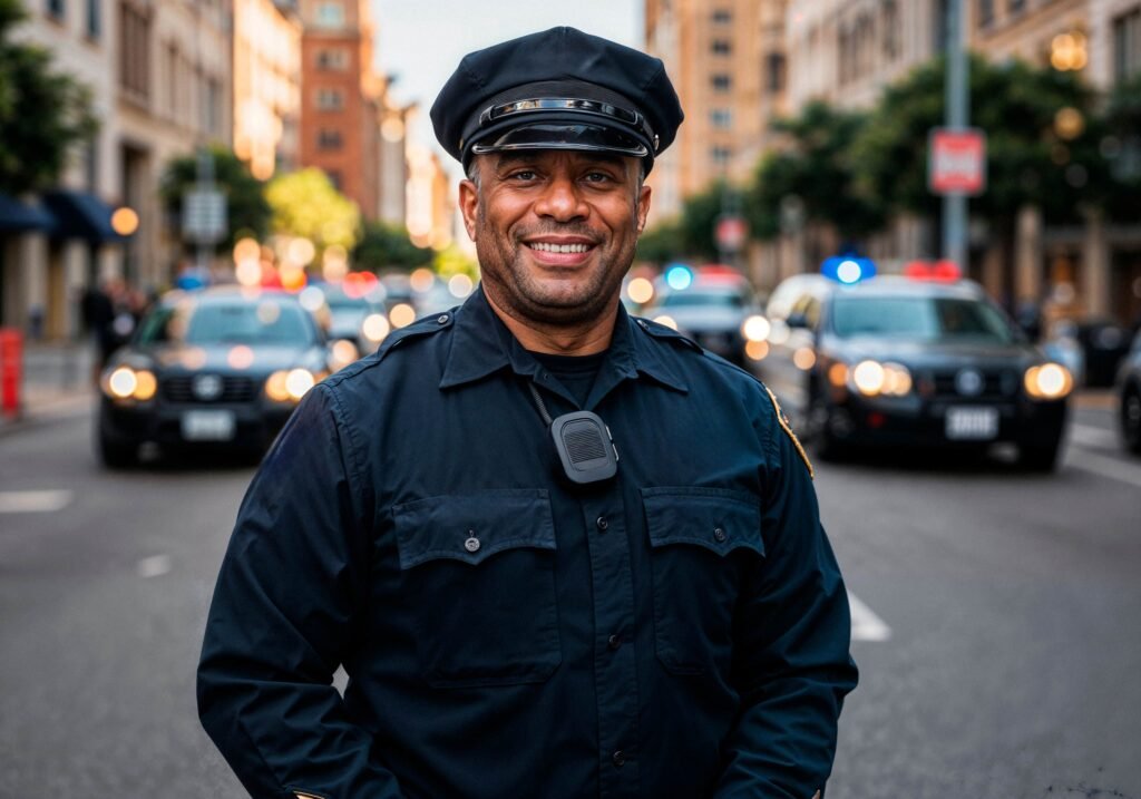 smiling police officer standing city street 1