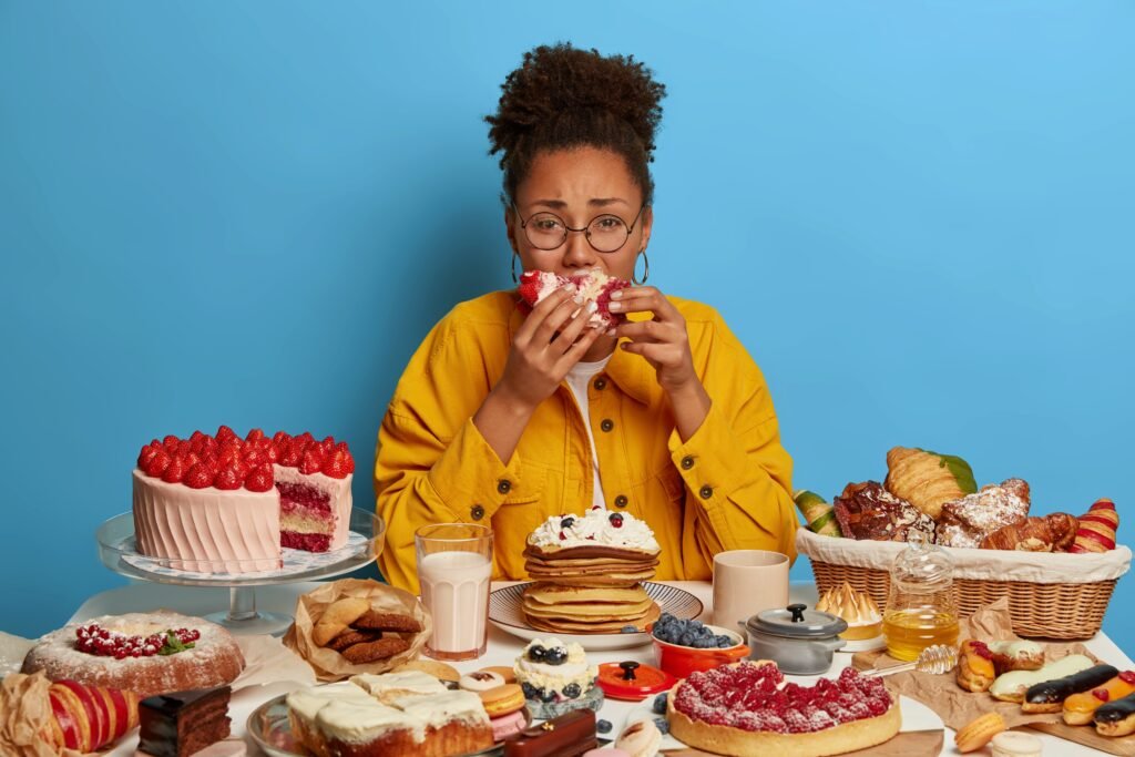 gluttony overeating concept upset crying ethnic woman eats piece cake reluctantly sits table with many desserts isolated blue wall 1