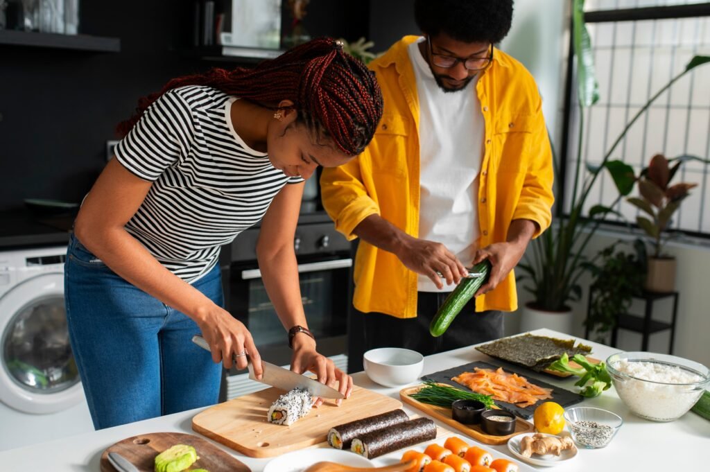 view people learning how make traditional sushi dish 1